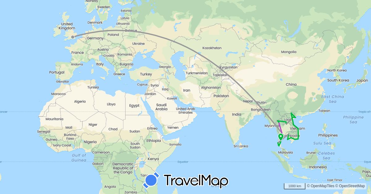 TravelMap itinerary: driving, bus, plane, train in United Kingdom, Cambodia, Laos, Thailand, Vietnam (Asia, Europe)